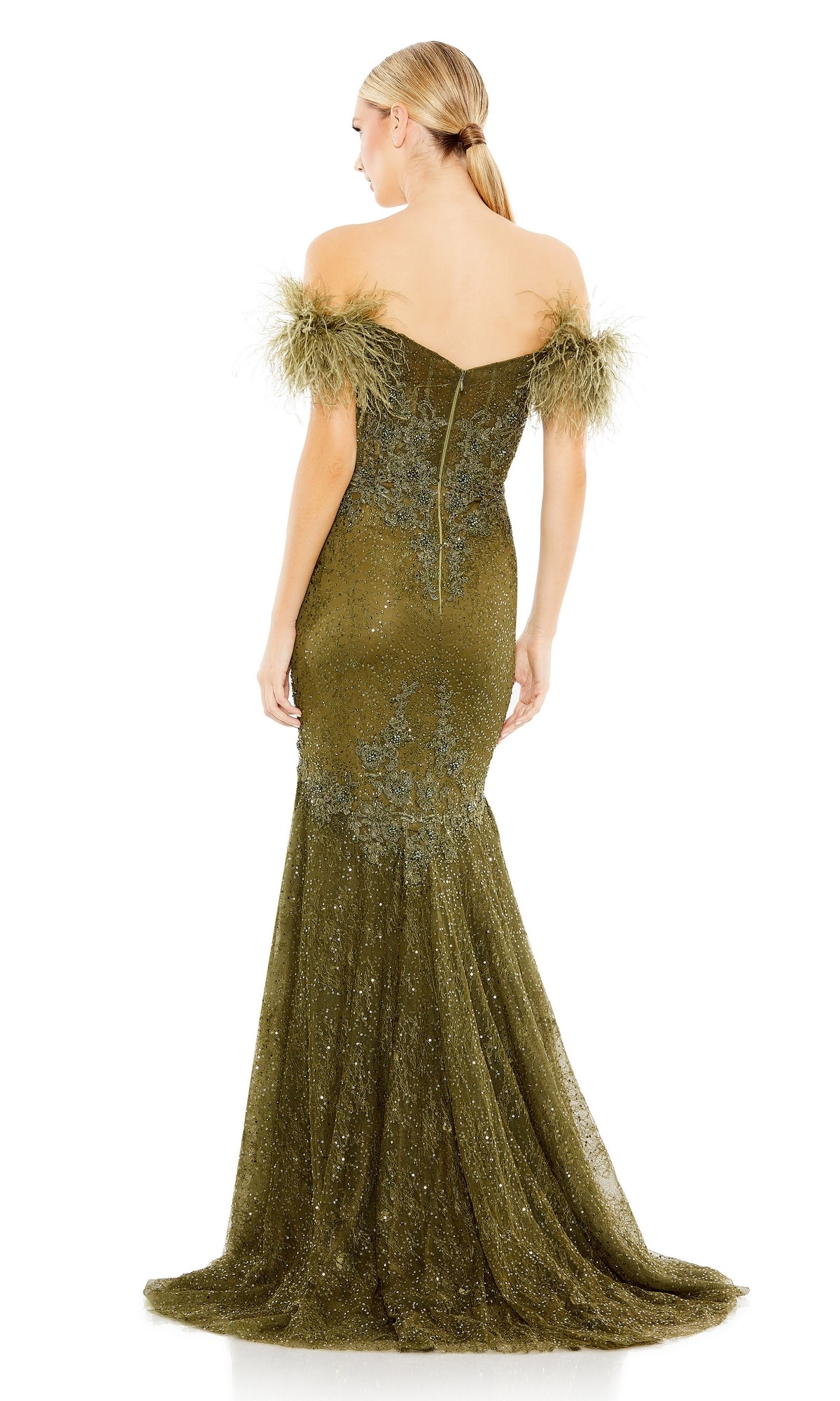 A woman poses with her back to the camera in the Off-Shoulder Long Formal Dress Mac Duggal 20246, a floor-length gown featuring feathered sleeves and lace details for an elegant, beaded evening look.